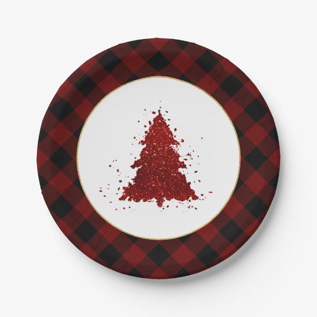 Rustic Red Christmas Tree Modern Buffalo Plaid Paper Plate (Front)