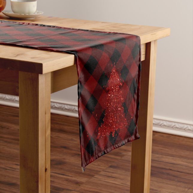Rustic Red Christmas Tree Modern Plaid Holiday Short Table Runner (In Situ)