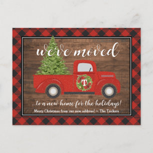 Rustic Red Christmas Truck Plaid Wood We've Moved  Postcard