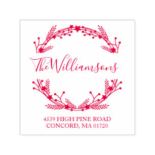Rustic Red Christmas Wreath Name Return Address Self-inking Stamp