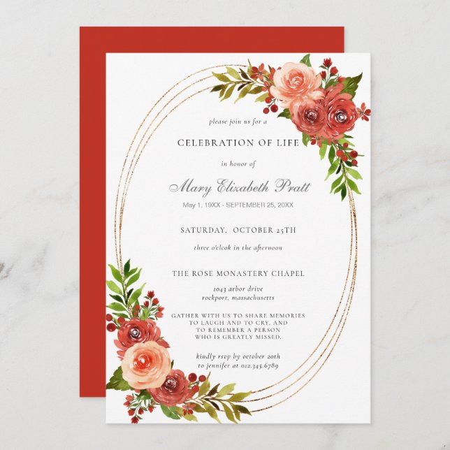 Rustic Red Coral Pink Floral Celebration of Life Invitation (Front/Back)