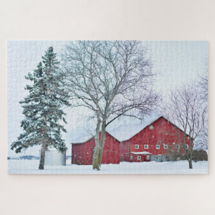 Rustic Red Country Barn Winter Snow Farm Landscape Jigsaw Puzzle
