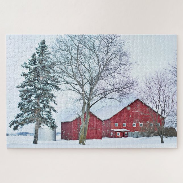 Rustic Red Country Barn Winter Snow Farm Landscape Jigsaw Puzzle (Horizontal)