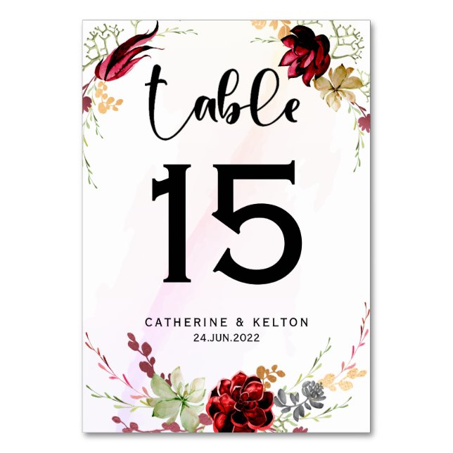 Rustic Red Elegant Floral Wedding Table Number (Front)