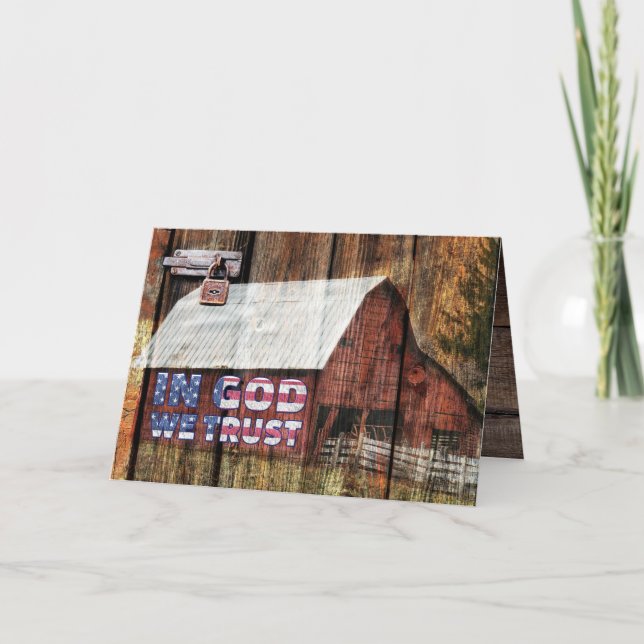Rustic Red faded Barn With Latch In God We Trust Card (Front)