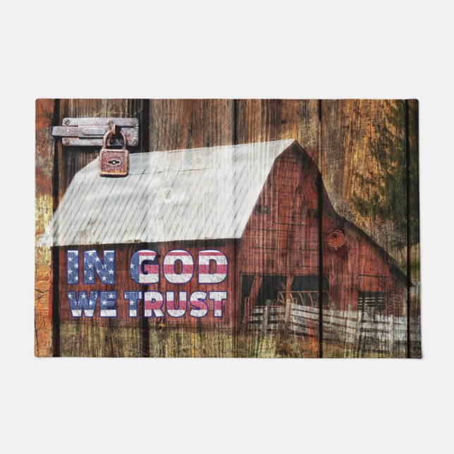 Rustic Red faded Barn With Latch In God We Trust Doormat (Front)