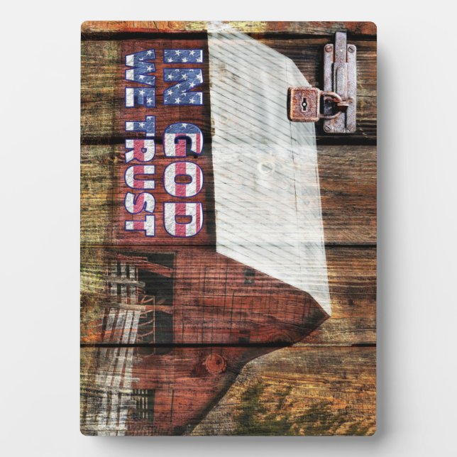 Rustic Red faded Barn With Latch In God We Trust Plaque (Front)