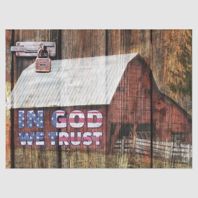 Rustic Red faded Barn With Latch In God We Trust Tissue Paper (Front)