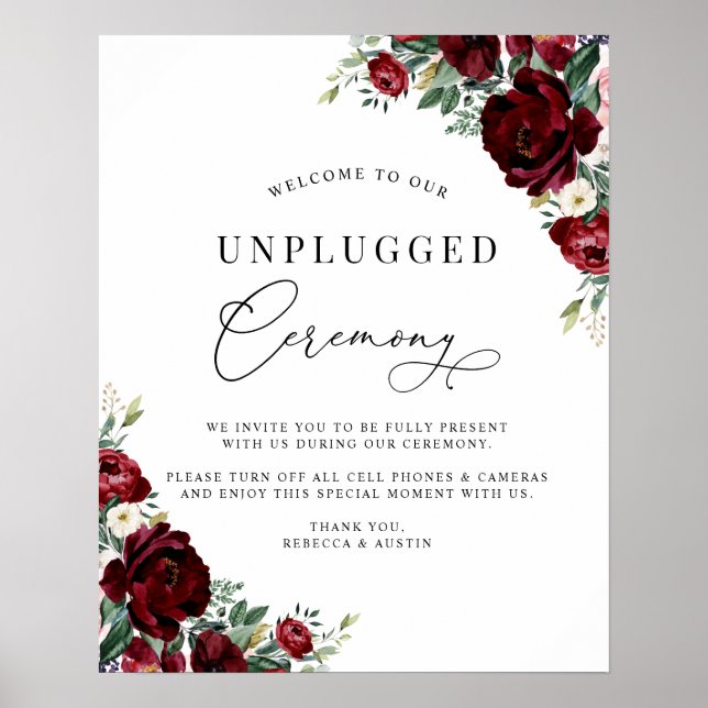Rustic Red Fall Floral Wedding Unplugged Ceremony Poster (Front)
