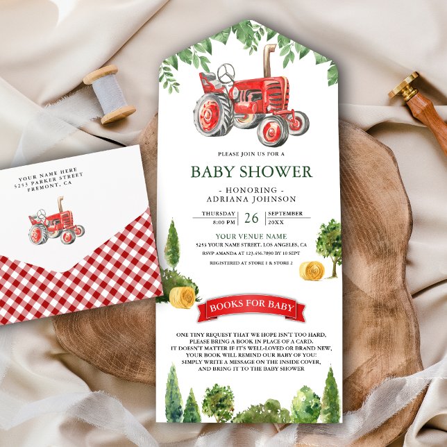 Rustic Red Farm Tractor Baby Shower All In One Invitation (Creator Uploaded)
