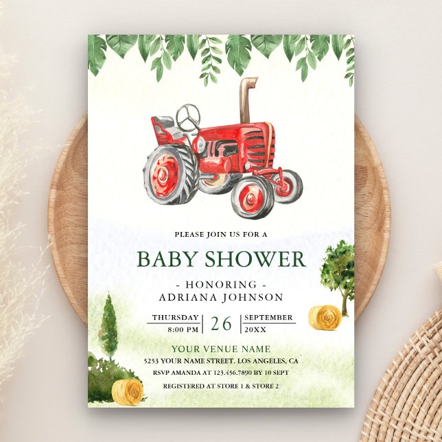 Rustic Red Farm Tractor Baby Shower Invitation (Creator Uploaded)