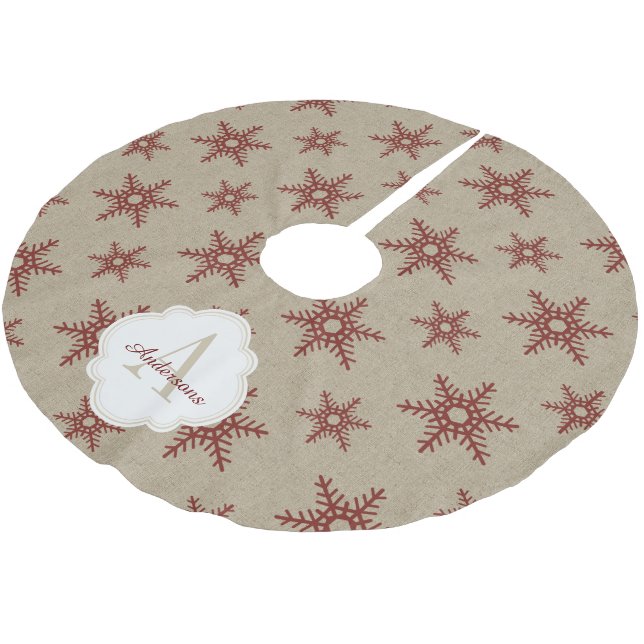 Rustic Red Faux Burlap Snowflake Pattern Brushed Polyester Tree Skirt (Angled)