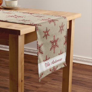 Rustic Red Faux Burlap Snowflake Pattern Short Table Runner