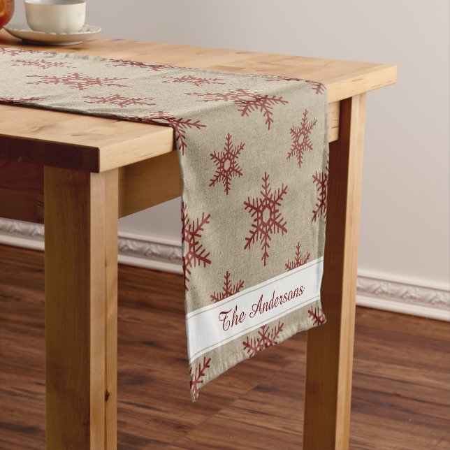 Rustic Red Faux Burlap Snowflake Pattern Short Table Runner (In Situ)