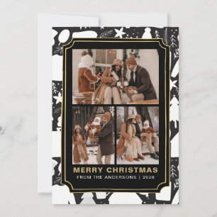 Rustic Red Festive Pattern 3 Photo Merry Christmas Holiday Card