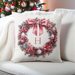 Rustic Red Festive Watercolor Wreath Christmas Cushion