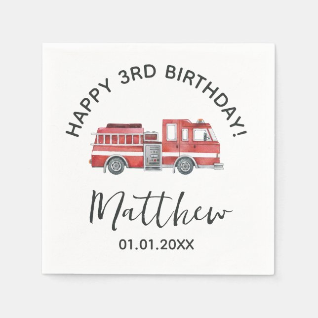 Rustic Red Firetruck Happy Birthday Paper Napkins (Front)