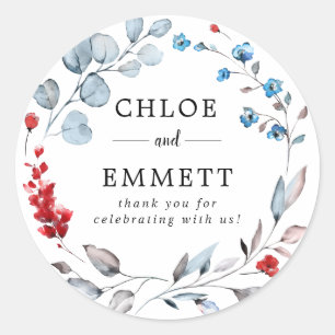 Rustic Red Floral and Pastel Blue Wedding Thank Yo Classic Round Sticker