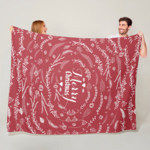 Rustic Red Floral Garland Christmas Pattern Fleece Blanket