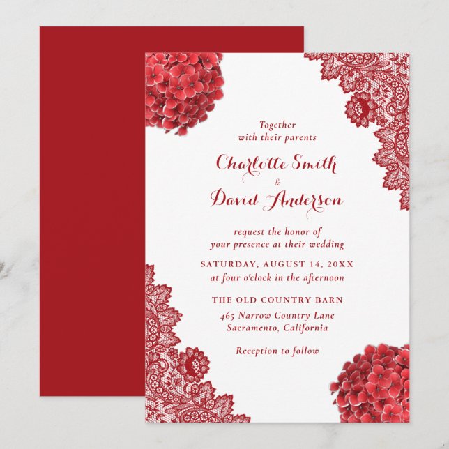 Rustic Red Floral Lace Wedding Invitation (Front/Back)