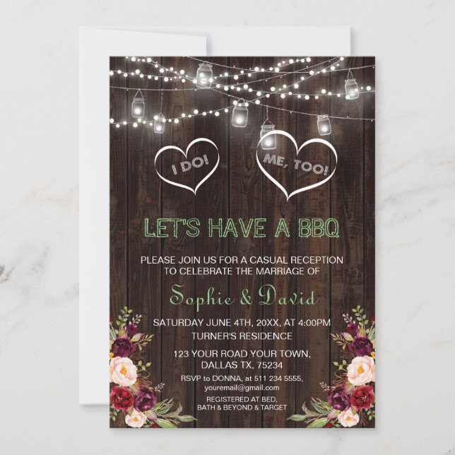 Rustic Red Floral String Lights Wood I DO BBQ Invitation (Front)