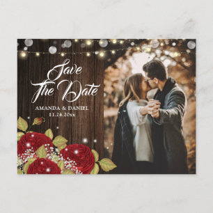 Rustic Red Floral Wedding Photo Save The Date Announcement Postcard