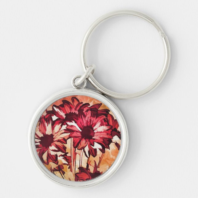 Rustic Red Flower Art Painting Key Ring (Front)