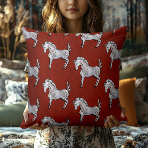 Rustic Red Folk Art Horse Cottagecore Holiday Cushion