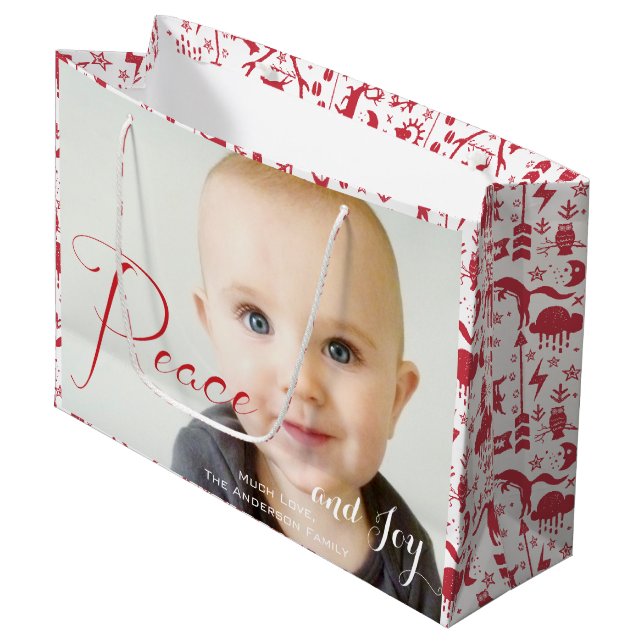 Rustic Red Fox Pattern Christmas Family Photos Large Gift Bag (Front Angled)