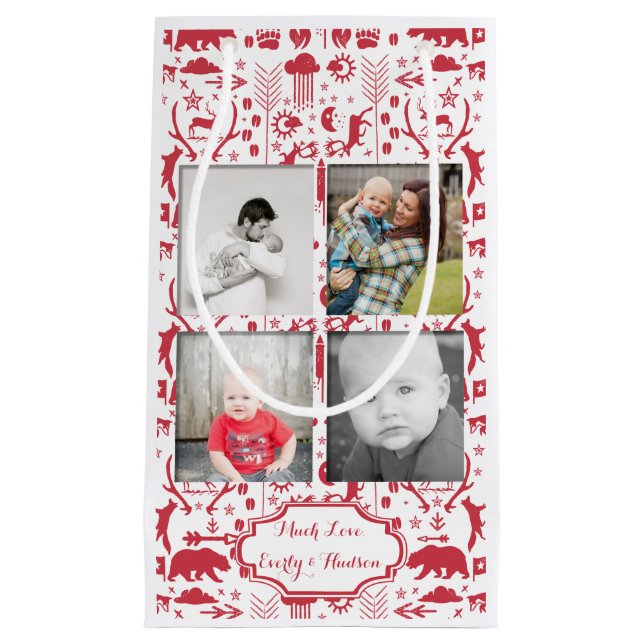 Rustic Red Fox Pattern Christmas Family Photos Small Gift Bag (Front)