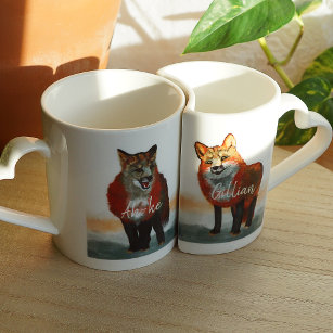 Rustic Red foxes, Personalised Couple's Names Coffee Mug Set