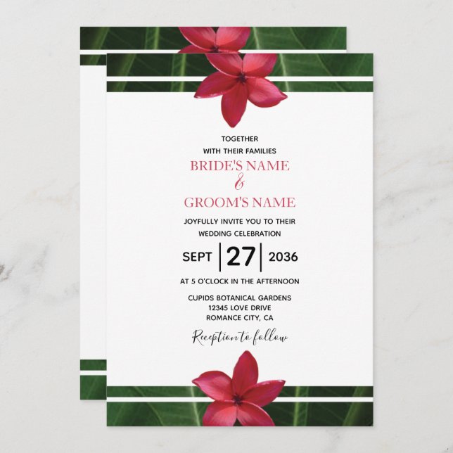 Rustic Red Frangipani Plumeria Wedding Invitations (Front/Back)