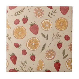 Rustic Red Fruit and Citrus on Aged Beige Ceramic Tile