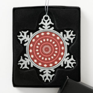 Rustic Red Geometric Sunburst Abstract Art Snowflake Pewter Christmas Ornament