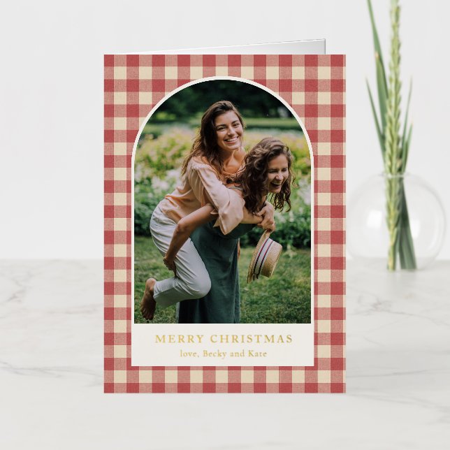 Rustic Red Gingham Arch Photo Modern Christmas Foil Holiday Card (Front)