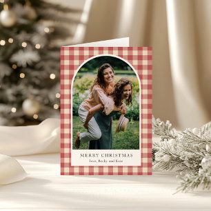 Rustic Red Gingham Arch Photo Modern Christmas Holiday Card