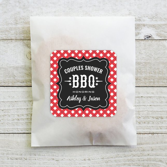 Rustic Red Gingham BBQ Wedding Couples Shower Square Sticker (Creator Uploaded)