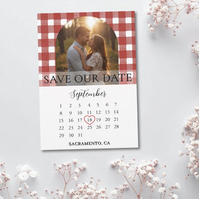 Rustic Red Gingham Engagement Photo Arch Wedding  Save The Date (Creator Uploaded)