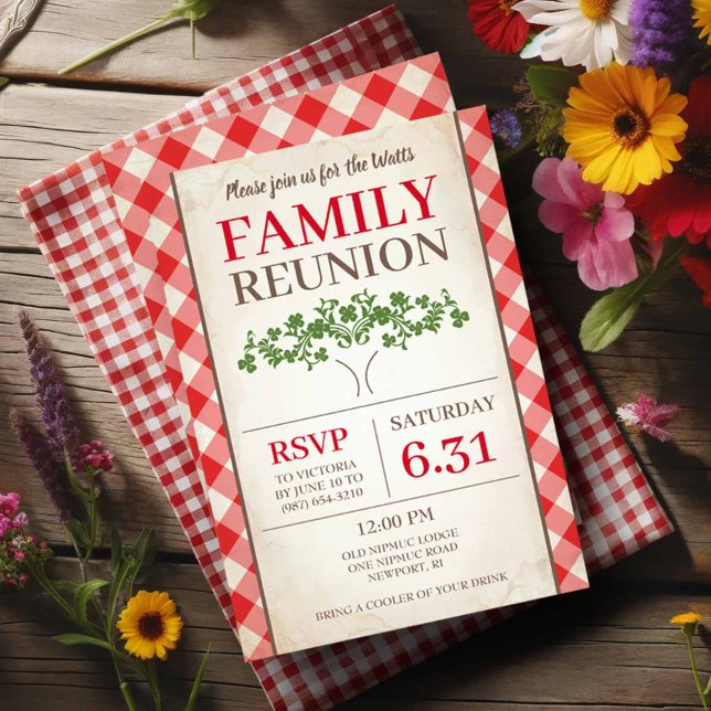 Rustic Red Gingham Family Reunion Invitations (Rustic family reunion invitations tree with red gingham print.)