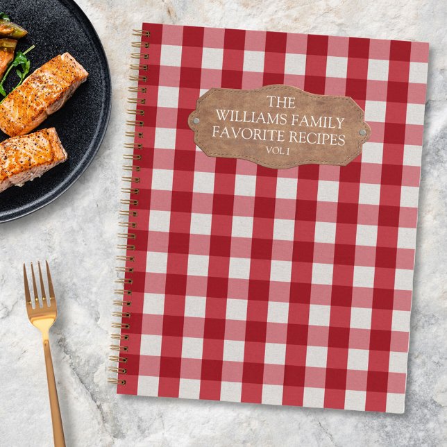 Rustic Red Gingham Linen Farmhouse Family Recipe Notebook (In situ)