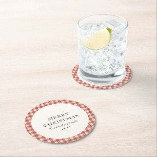 Rustic Red Gingham Modern Christmas Round Paper Coaster