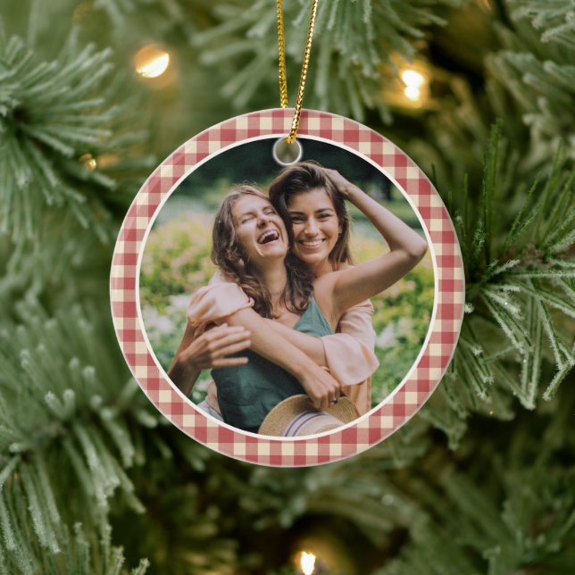 Rustic Red Gingham Photo Modern Christmas Ceramic Ornament (Tree)