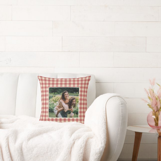 Rustic Red Gingham Photo Modern Christmas Cushion (Couch)