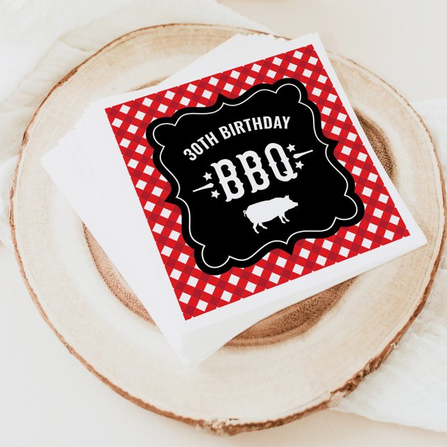 Rustic Red Gingham Plaid 30th Birthday BBQ Napkin (Creator Uploaded)