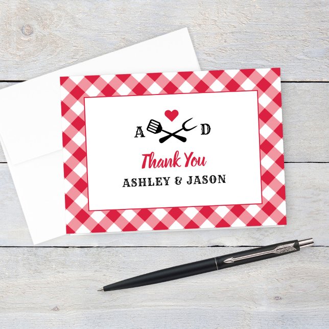 Rustic Red Gingham Plaid BBQ Wedding Monogram Thank You Card (Creator Uploaded)