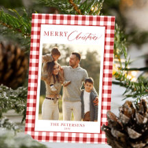 Rustic red gingham plaid family photo Christmas