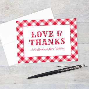 Rustic Red Gingham Plaid Wedding Monogram Thank You Card