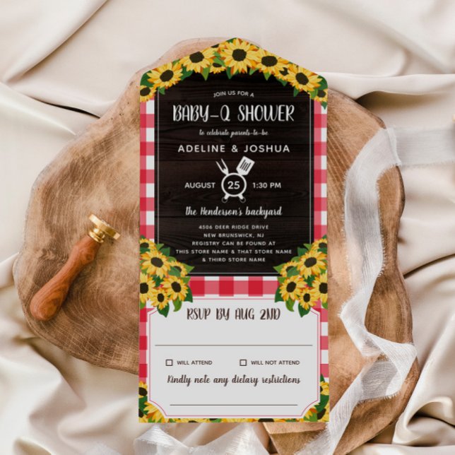 Rustic Red Gingham Sunflowers Baby-Q Shower All In One Invitation (Creator Uploaded)
