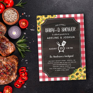 Rustic Red Gingham Sunflowers Baby-Q Shower Invitation