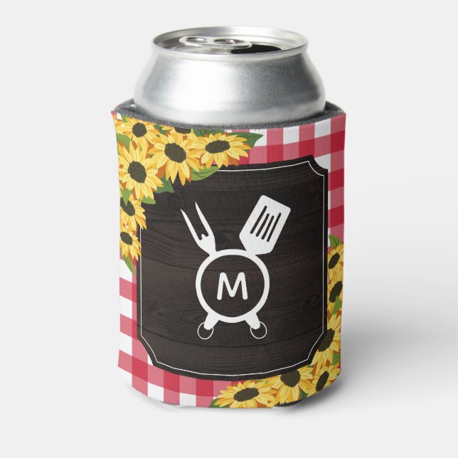 Rustic Red Gingham Sunflowers Monogram  Can Cooler (Can Back)